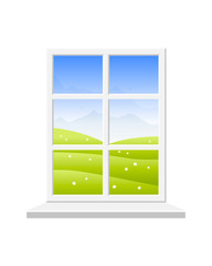 Spring window. View of the spring landscape: field with flowers, mountains and blue sky. Vector illustration on white background.  