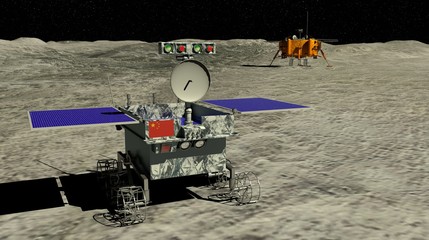 Lunar rover Yutu 2 rolling across the surface of the moon beginning the exploration with the China`s Chang e 4 lunar probe in the background. 3D illustration