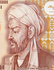Avicenna or Ibn Sina on Tajikistan 20 somoni banknote close up. Great muslim physician, father of...
