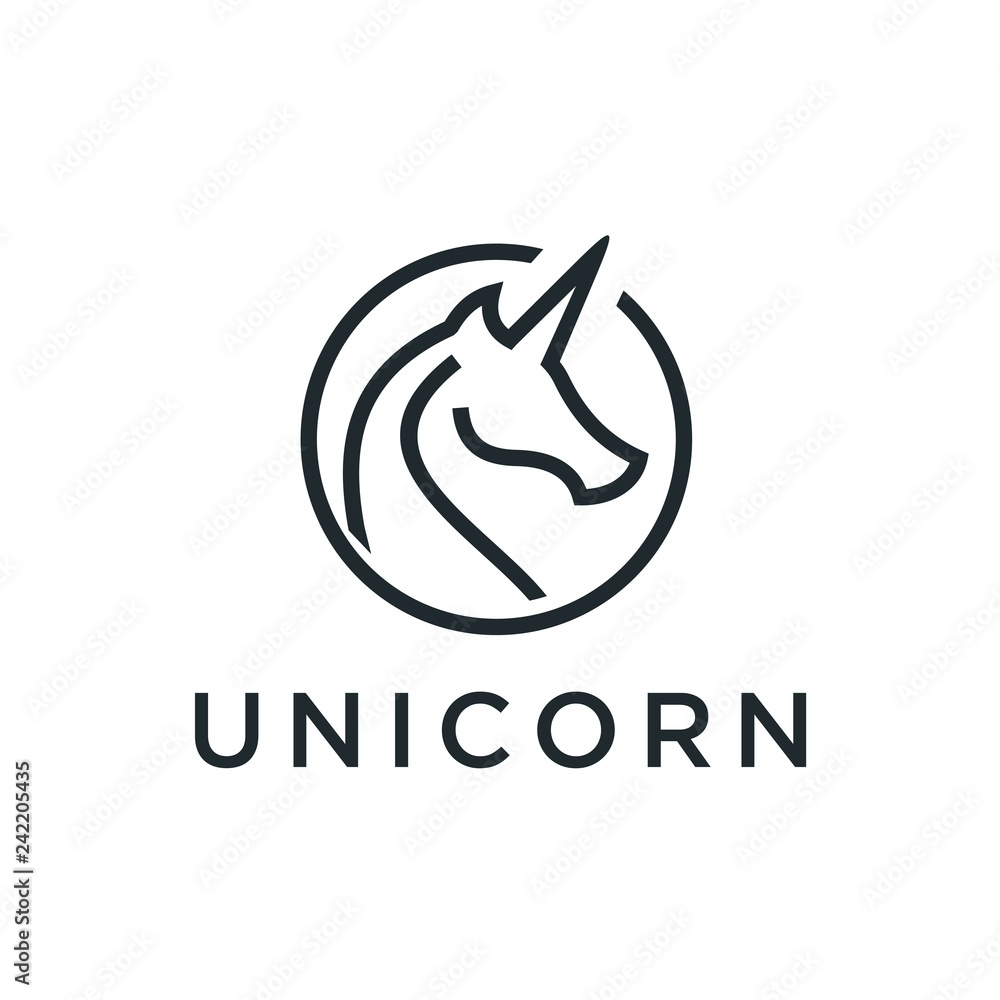Poster black outline silhouette unicorn logo design concept in the form of circle, suitable for company log