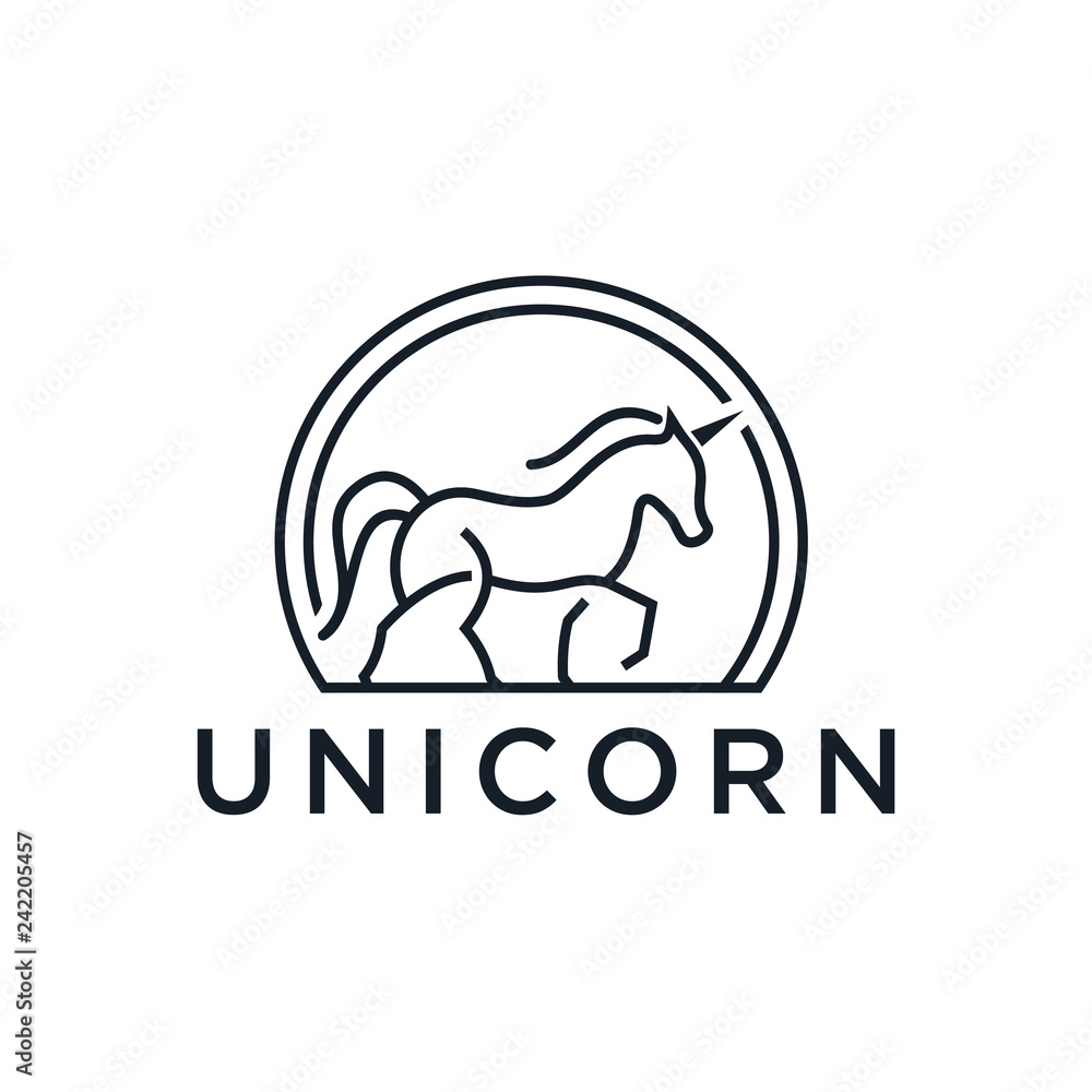 Poster black outline silhouette unicorn logo design concept in the form of circle, suitable for company log