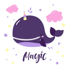 Cartoon pretty unicorn whale with lettering Magic. Vector illustration. © pravdinal