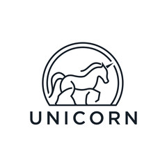 Black outline silhouette unicorn logo design concept in the form of circle, suitable for company logo that require simple
