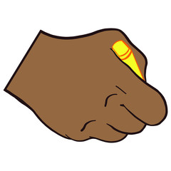 Men's hand of an African American holding a yellow highlighter. Vector graphic, yellow, brown, isolated.