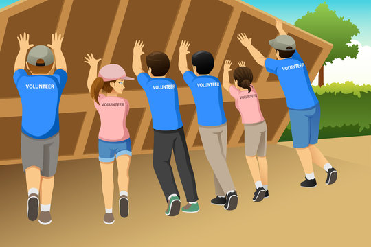 Group Of Volunteers Building A House Together Illustration