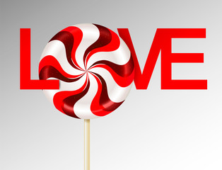 Red text love and Bright round striped lollipop. Single candy on a stick on white background.