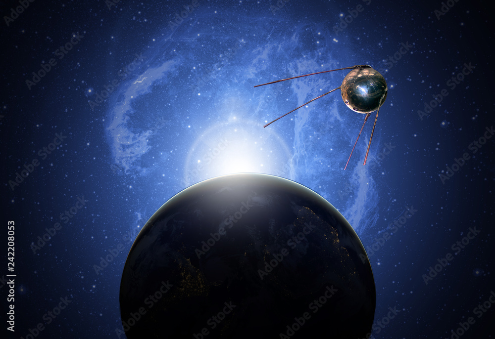 Wall mural sattelite in space above earh is orbiting the planet future technology b. elements of this image fur