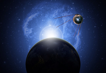 sattelite in space above earh is orbiting the planet future technology b. Elements of this image...