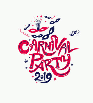 Carnival Party 2019. Title with Masks, ribbons and stars. Vector themed logo Carnival 2019.