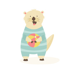 Funny happy otter in a swimming suit with a ball