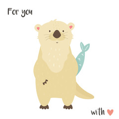 Fototapeta na wymiar Cute romantic otter with a fish.