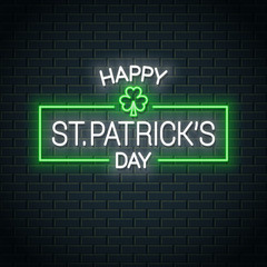 Patrick day neon banner. Patrick clover neon sign
