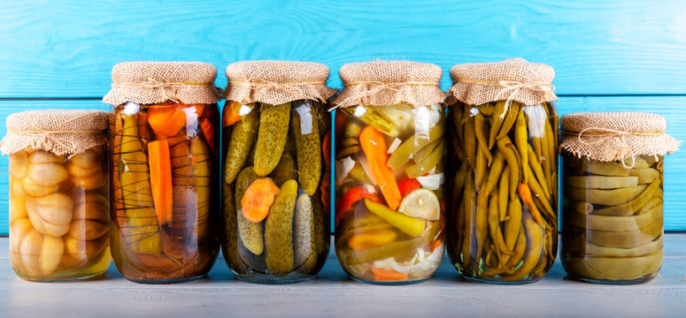 Jars of pickled vegetables 