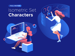People work and interacting with graphs, icons and devices. Data analysis and office situations. 3D Isometric vector illustration set. Mobile application and website header images on dark background.