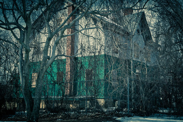 Abandoned home in tangle of bare tree branches
