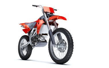 Fototapeta premium 3D illustration of red glossy sports motorcycle isolated on white background. Perspective. Front side view. Low angle