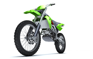 3D illustration of green glossy sports motorcycle isolated on white background. Perspective. Front side view. Low angle view. Left side