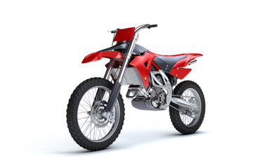3D illustration of red glossy sports motorcycle isolated on white background. Perspective. Left side view
