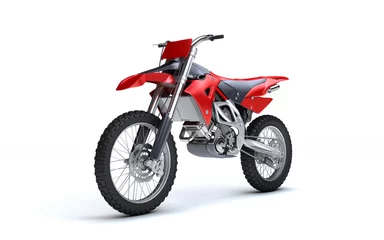 Foto op Plexiglas Motorsport 3D illustratie van rode glanzende sport motorfiets geïsoleerd op een witte achtergrond. Perspectief. Linker zijaanzicht