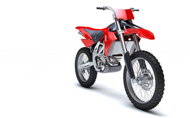 3D illustration of red glossy sports motorcycle isolated on white background. Perspective. Front side view. Right side.
