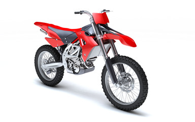 3D illustratie van rode glanzende sport motorfiets geïsoleerd op een witte achtergrond. Perspectief. Vooraanzicht. Hoge hoekmening. Rechter zijde