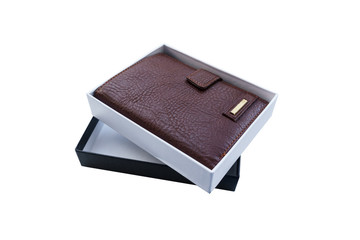 new brown men's wallet in gift box isolated on white background
