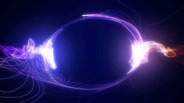 Abstract blue red futuristic sci-fi plasma circular form. 3D animation of shining energy force field light strokes waving on a ring motion path for logo or text. Seamless 4K loop with alpha matte
