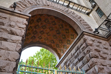 Details of monumental architecture. Soviet symbols adorning monumental architecture. Kyiv. Ukraine. 