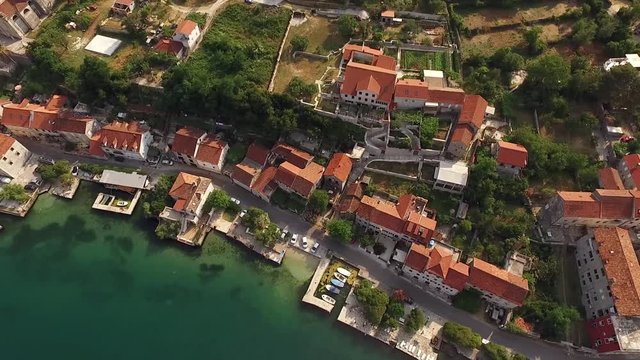 Aerial view of the city Prcanj in the Bay of Kotor Montenegro
