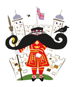 Beefeater Guard In Red Uniform With A Big Black Moustache