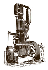 Worker standing in front of an antique tandem compound condensing engine after an etching or an engraving from the 19th century