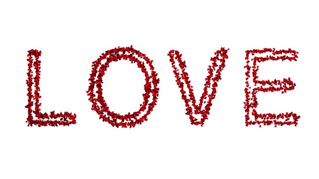 Teh word love spelled with red heart shapes for Valentines Day on white background. Dynamic background. 
