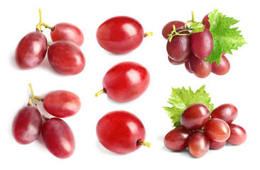 Set with fresh grapes on white background
