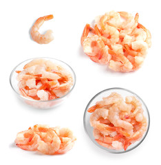 Set of fresh shrimps on white background