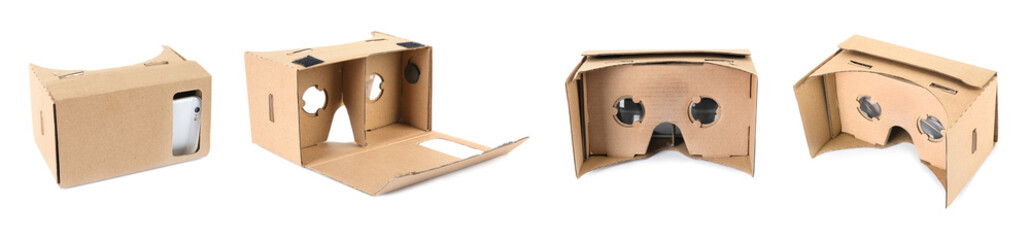 Set with cardboard virtual reality headset on white background