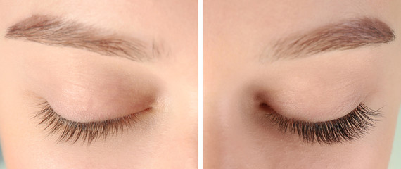 Young woman with beautiful eyelashes, closeup. Before and after extension procedure