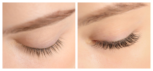 Young woman before and after eyelash extension procedure, closeup