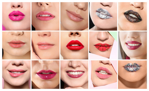 Set with different beautiful women, focus on lips. Professional makeup artist