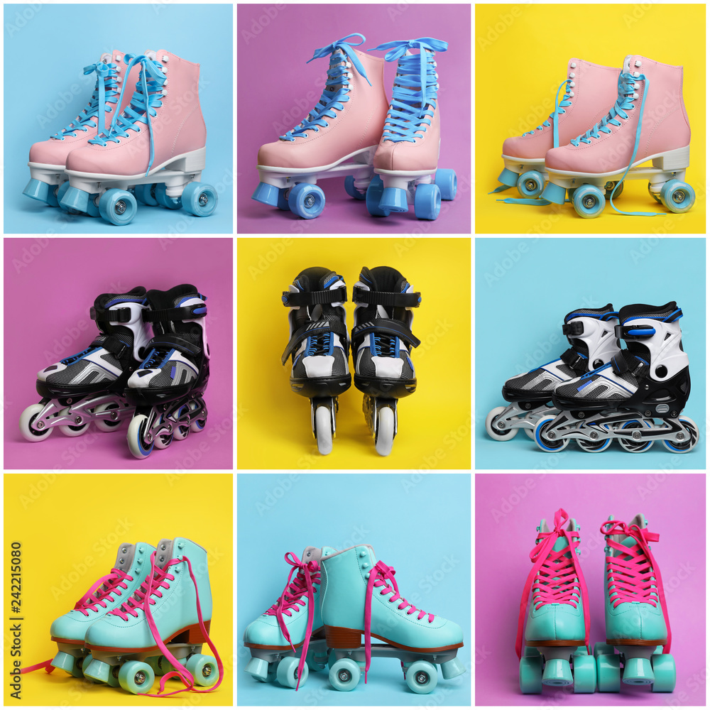 Wall mural set with different roller skates on color background