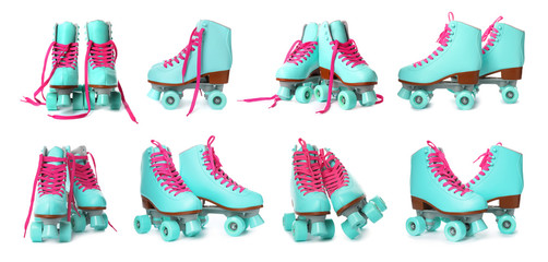 Set with stylish quad roller skates on white background