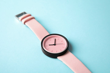 Obraz na płótnie Canvas Stylish wrist watch on color background. Fashion accessory