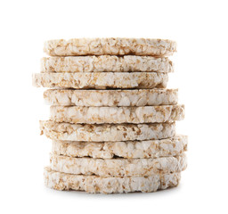 Stack of crunchy rice cakes on white background