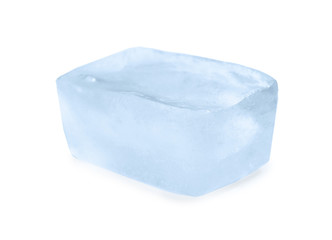 Single ice cube on white background. Frozen liquid