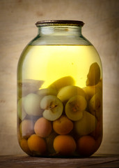 Bank of canned fruit compote on the shelf
