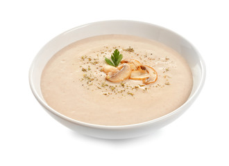 Dish with mushroom cream soup on white background. Healthy food