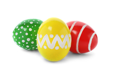 Decorated Easter eggs on white background. Festive tradition