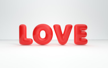 Red plastic letters LOVE on white background. 3d rendering. Saint Valentine's day card February 14, love, wedding marriage ceremony design.