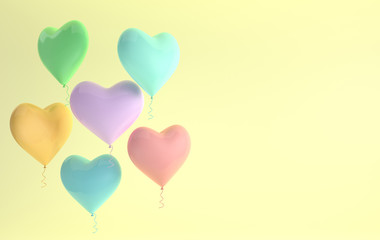 Fototapeta na wymiar 3d render illustration of realistic colorful glossy heart balloon on yellow background. Valentine's Day romantic elegant 14 february card. For party, promotion social media banners, posters.
