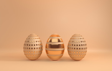 Pastel beige and glossy golden easter eggs on beige background. 3d render, digitally generated template. Happy Easter big hunt or sale banner