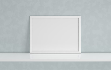 Poster frame mockup with blank copy space on grey background. Front view photo frame on white book...